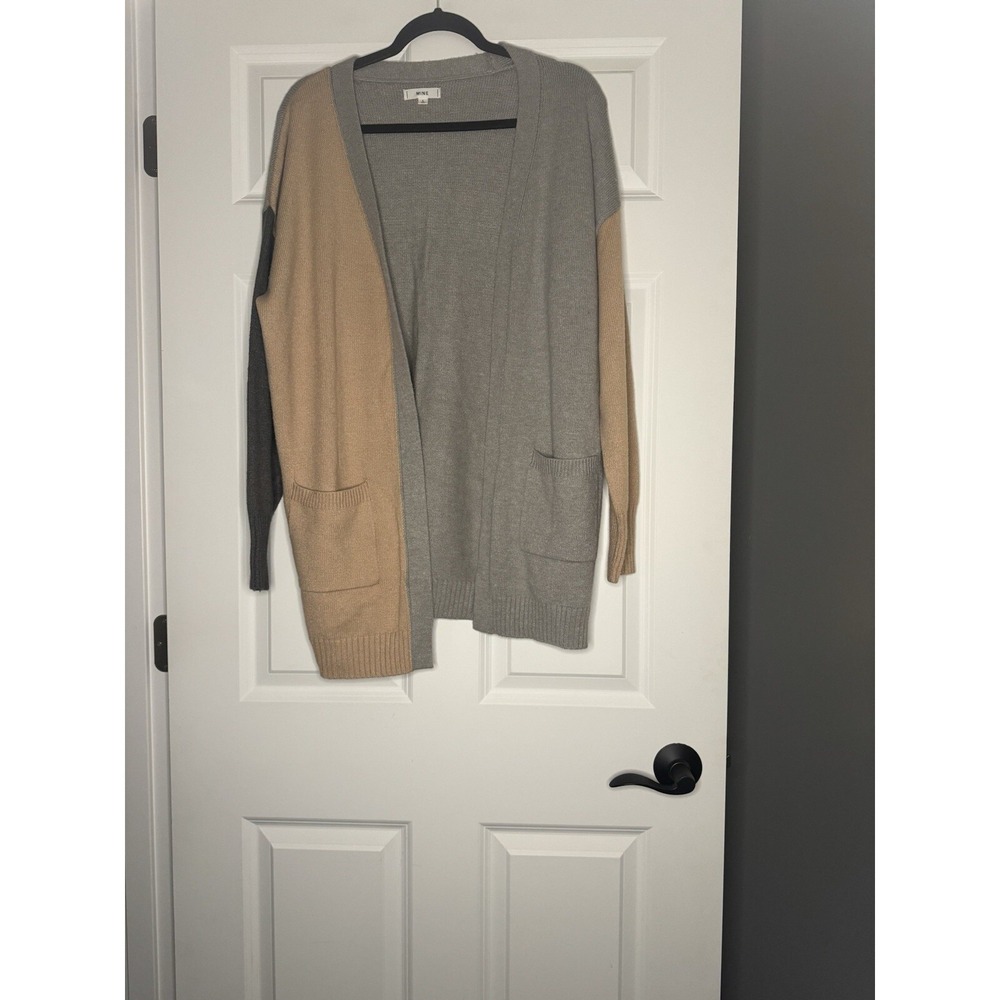 Mine Color Block Open Front Knit Cardigan Sweater Large Brown Gray W Pockets
